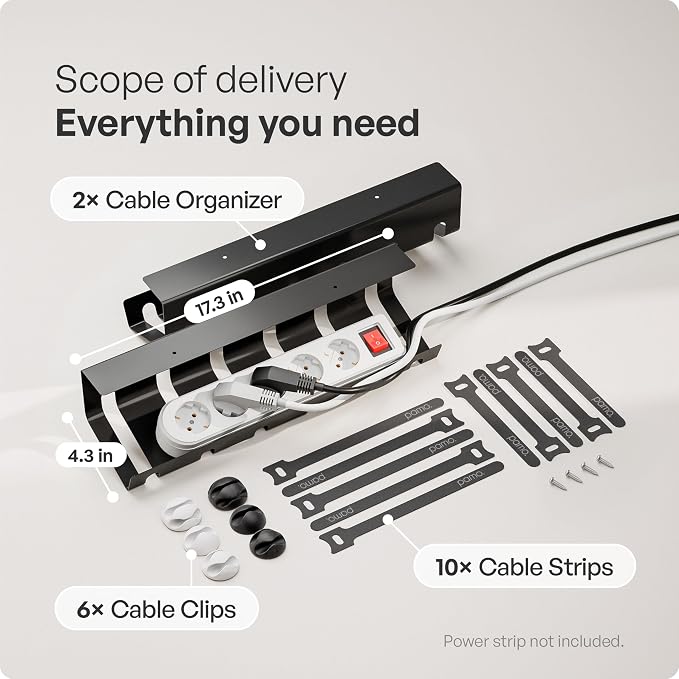PAMO Cable Management Under Desk, Set of 2 - Black | Easy under-table mounting keeps cables organized, includes 10 cable ties for a clean and tidy office or home workspace. - Image 3