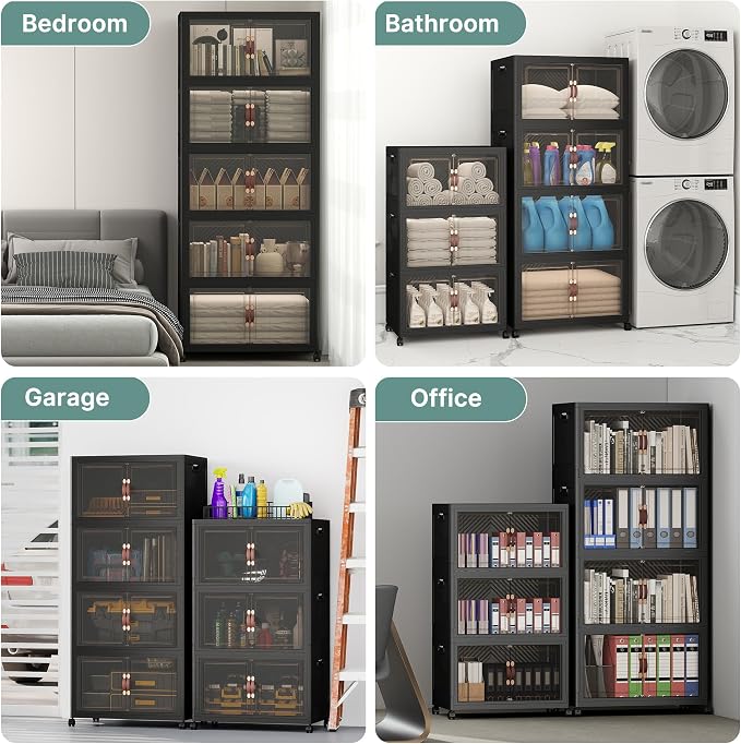 448QT Lockable Storage Bins with Lids - Stackable Storage Cabinet with Doors and Wheels, Collapsible Plastic Organizer and Containers for Bedroom Dorm Office Garage, 4 Pack Cubes | Stackable Organizer with Doors & Wheels, Foldable Containers for Bedroo... - Image 9