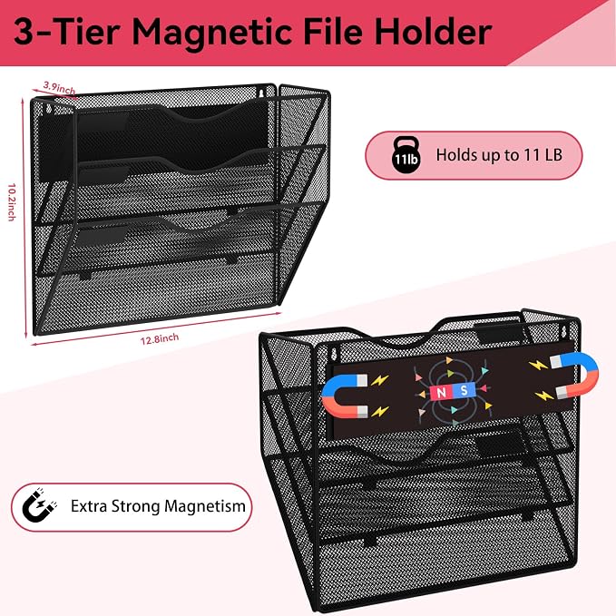 3-Tier Magnetic File Holder, No Drilling Wall File Organizer, File Folder Bins, Mail & Magazine Rack, Magnetic Paper Document Holder for Refrigerator File Cabinets Whiteboard, Black - Image 2