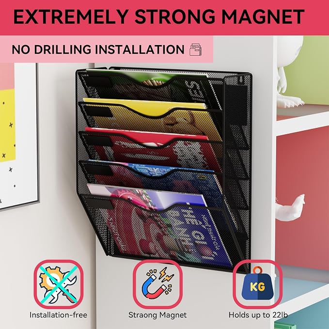 5-Tier Magnetic File Holder, No Drilling Wall File Organizer, File Folder Bins, Mail & Magazine Rack, Magnetic Paper Document Holder for Refrigerator File Cabinets Whiteboard, Black - Image 3