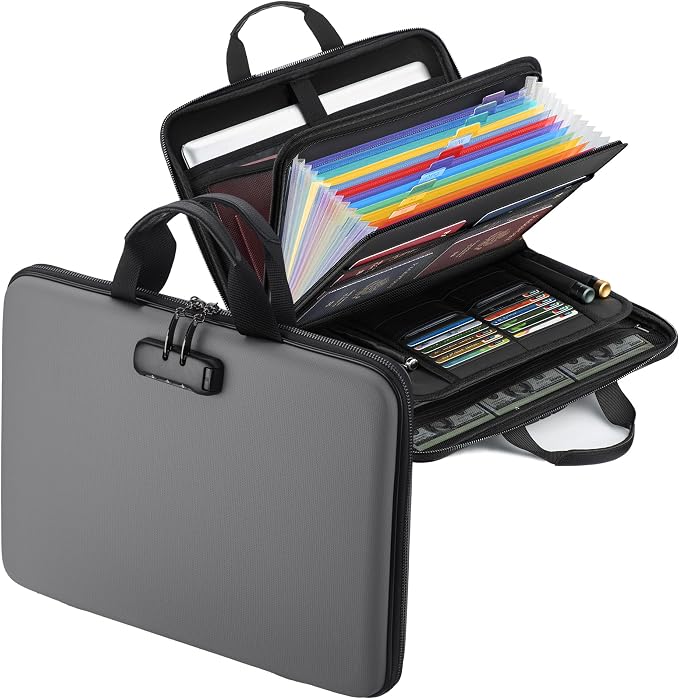 Fireproof Document Box with Lock, Hard-Shell Case Fireproof File Organizer with 13 Pocket Accordion File Folder, Portable Home Office Travel Safe Storage for Important Documents Laptop by EXLIFBAG