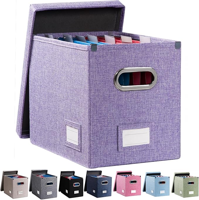 File Organizer Box - Set of 1 Collapsible Decorative Linen Filing Storage Hanging File Folders with Lids Office Cabinet Letter Size Purple (14x9.3x10.8 inch) by Prandom