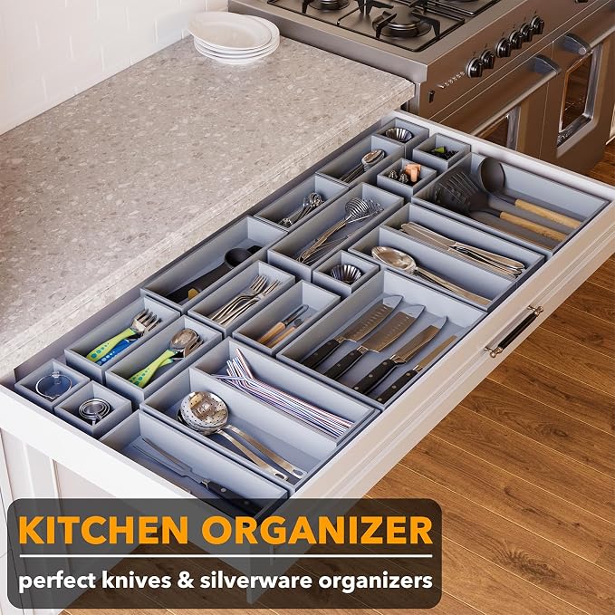 SpaceAid 21-Piece Bamboo Drawer Organizer Storage Boxes Set, Wood Tray Junk Drawer Organizers Multi-Use Divider Bins for Kitchen, Bathroom, Office Desk and Makeup Organization (21 Pack, Gray) - Image 4