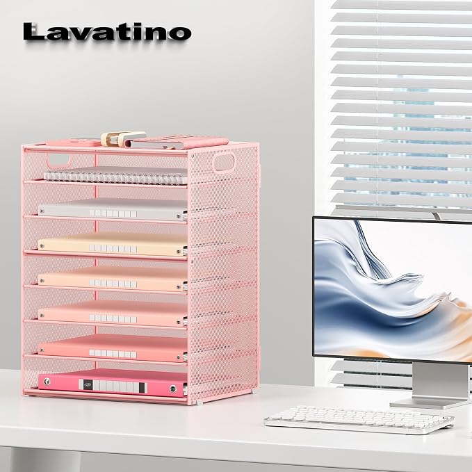 Lavatino 2 Pack 8-Tier Office Desk File Organizer, Letter Tray Paper Organizer with Handle, Including 5 Adjustable Slide Trays for Organizing Desk Workspace Accessories and Supplies (Pink Mesh) - Image 7