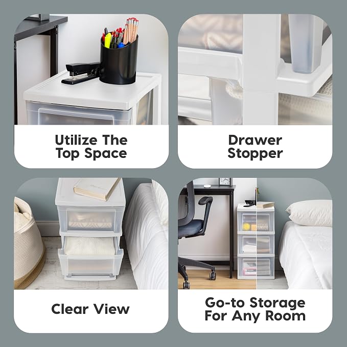 IRIS USA 3-Drawer Slim Narrow Storage Organizer, 2-Pack, White/Clear | Organize craft supplies, school essentials, beauty items, and small household accessories with compact drawer storage - Image 3