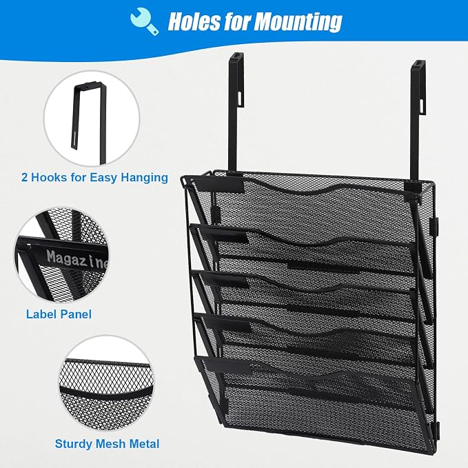5 Pocket Mesh Hanging Wall File Organizer with Hangers & Nametag Label, Wall Mounted Mail Paper Document Folder Holder, Clipboard Storage Organization Magazine Rack for Office Cubicle, Black - Image 3