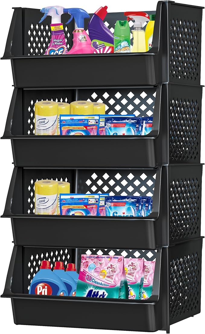 Large Stackable Storage Bins Open Front for Pantry Storage, 4 Pack - Black | Sturdy Plastic, Easy Stacking, Open Front Access, Ventilated Sides, Vertical & Space Saving Pantry Organizers and Storage Bin by Skywin