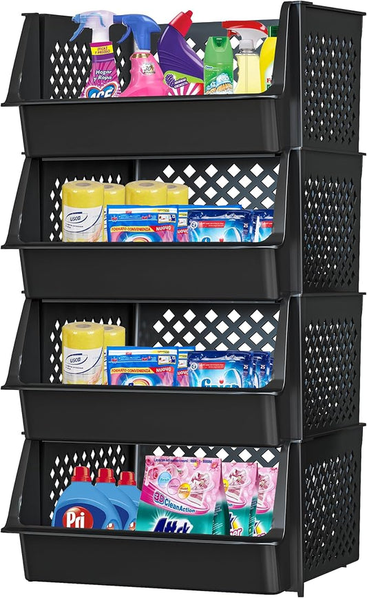 Large Stackable Storage Bins Open Front for Pantry Storage, 4 Pack - Black | Sturdy Plastic, Easy Stacking, Open Front Access, Ventilated Sides, Vertical & Space Saving Pantry Organizers and Storage Bin by Skywin