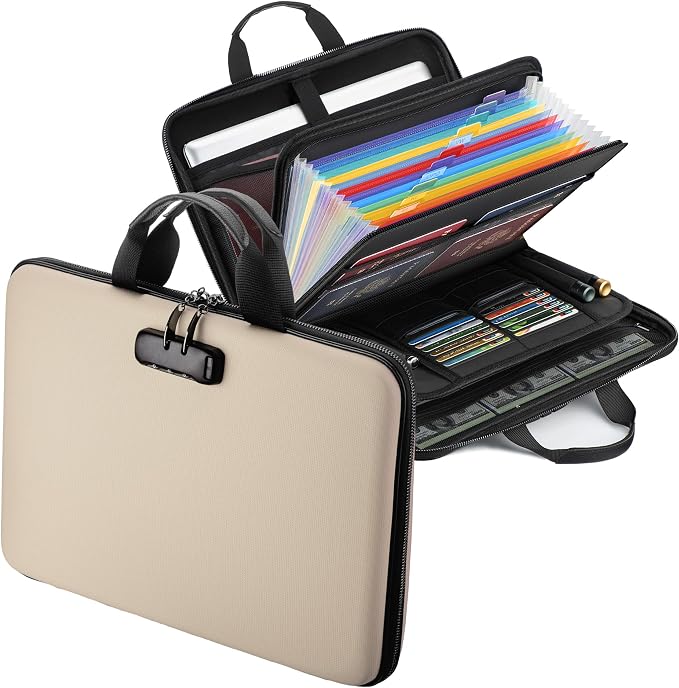 Fireproof Document Box with Lock, Hard-Shell Case Fireproof File Organizer with 13 Pocket Accordion File Folder, Portable Home Office Travel Safe Storage for Important Documents Laptop by EXLIFBAG