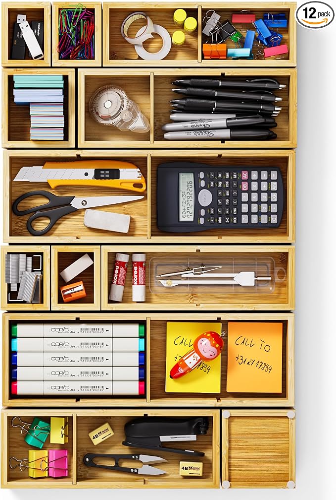 12-Piece Bamboo Drawer Organizer Set, 24 Compartments Modular Storage | Natural Bamboo, Flexible Modular Trays, Water-Resistant, Stackable Design, Adjustable, Excellent Organization, Easy to Clean by VA1KENE