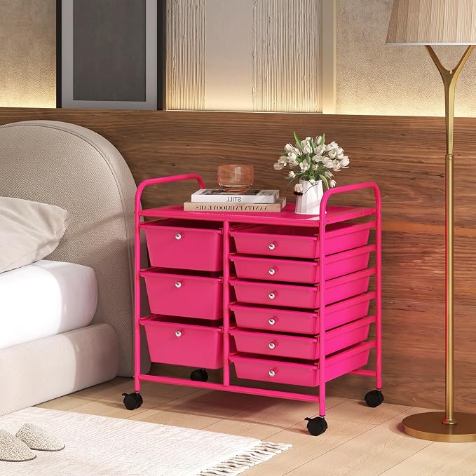 Moccha 9-Drawer Rolling Storage Cart - Under Desk Storage Drawers with wheels for Craft Art Supply Paper Salon, Scrapbook Paper Tools, Mobile Utility Cart for Classroom, Hot Pink - Image 2