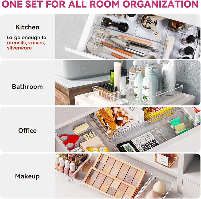 Large Drawer Organizer Bins 26 Pack | Complete 5 Size Clear Plastic Kitchen Drawer Organizers for Utensils | Bathroom Drawer Organizer Trays | Versatile for Makeup Office Organization - Image 3