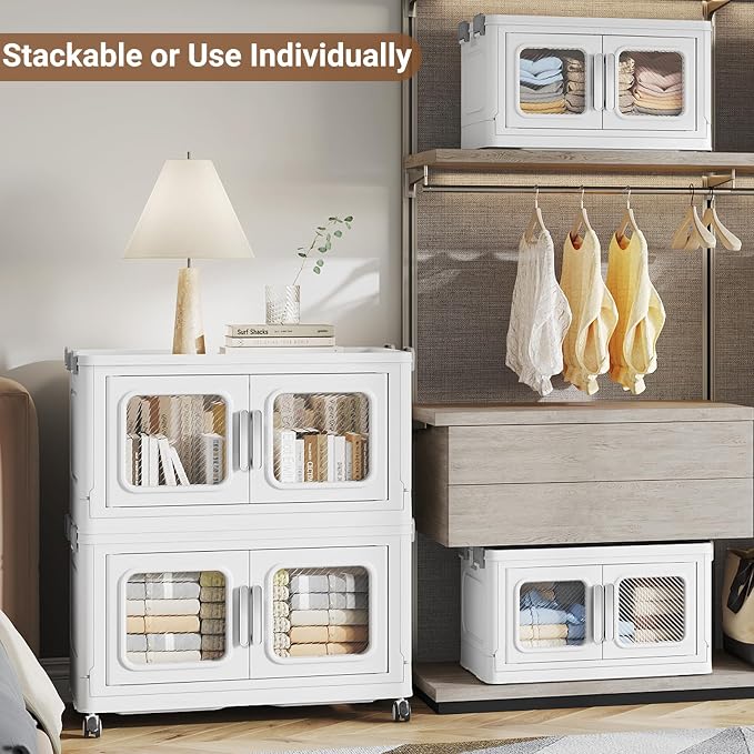 BROVIEW 50 Qt/12.5 Gal Stackable Storage Bins with Lids, 1 Pack, White | Small Stackable Storage Boxes w/ 1 Lid Folding Plastic Cart Organizer for Home Kitchen, Open Front Clear Door with Wheels - Image 3