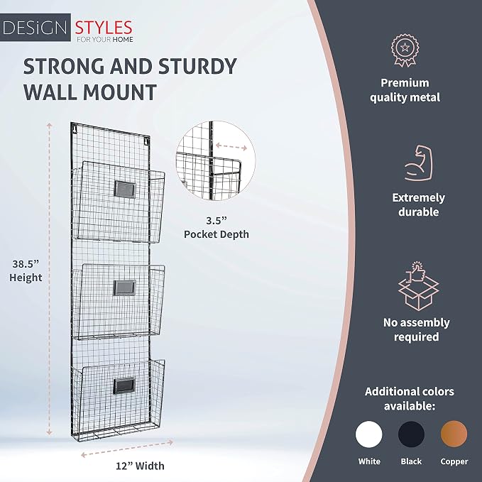 Three Tier Wall File Holder – Durable Pewter Metal Rack with Spacious Slots for Easy Organization, Mounts on Wall and Door for Office, Home, and Work - Image 2