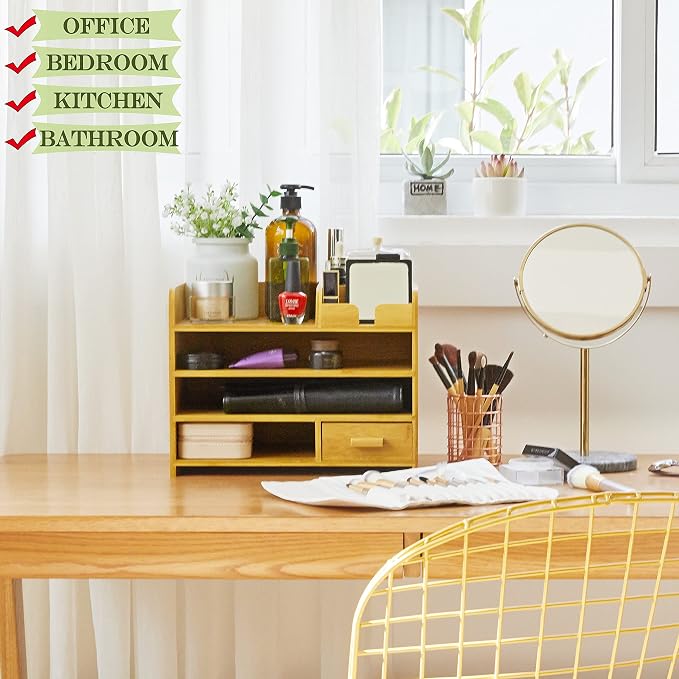 Bamboo Desktop Organizer with Drawers, Tabletop Storage Organization Box for Office Home Toiletries Supplies, 4 Tiers - Image 4