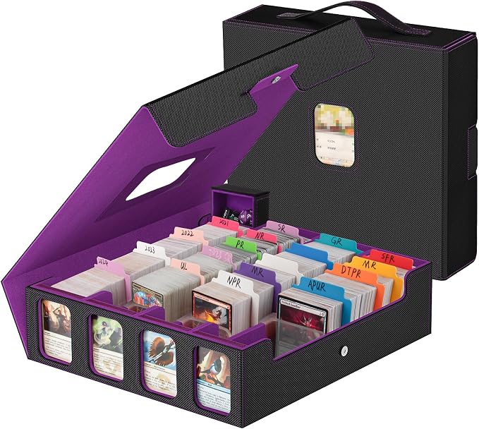 Trading Card Storage Box - 3200+ MTG Deck Box with Commander Display & Portable Handle, 4-Row Card Case Compatible for MTG/TCG/Magic Cards, 30 Colorful Divider, 8 Card Supporters (Black & Purple) by Gomyrod