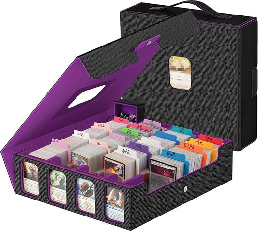 Trading Card Storage Box - 3200+ MTG Deck Box with Commander Display & Portable Handle, 4-Row Card Case Compatible for MTG/TCG/Magic Cards, 30 Colorful Divider, 8 Card Supporters (Black & Purple) by Gomyrod