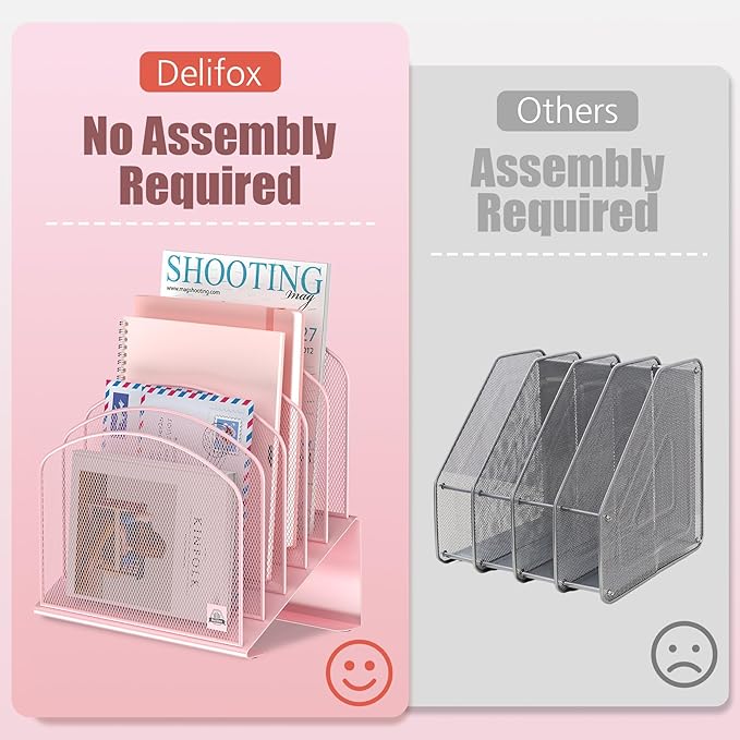 Delifox Inclined Desk File Organizer,Vertical File Folder Holder Stand Metal Rack File Sorter for Office Classroom Desktop Organization (2, Pink, 5) - Image 4