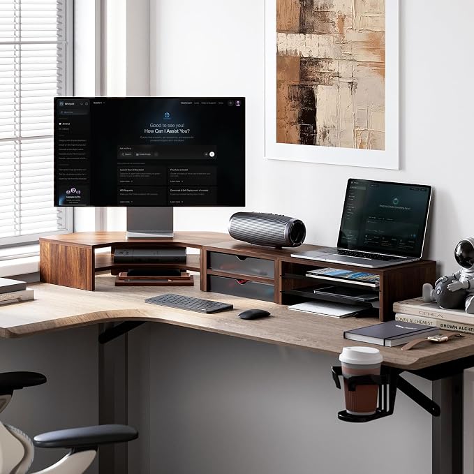 Fenge Dual Monitor Stand, Corner Desk Shelf with Drawer & Slide-Out Tray | Modular Design for Flexible Layouts, 2-Tier Storage Desktop Organizer for Computer, Laptop, Printer and Telephone - Image 2