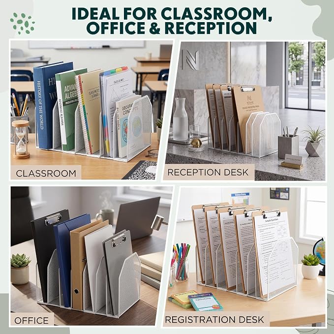 Sliner 1 Pcs 7 Slot Metal Clipboard Holder for Desk, File Organizer, White | Vertical Classroom Clipboard Holder, Mesh File Storage Rack, Wire Document Sorter for School Teacher Home Office Supplies - Image 3