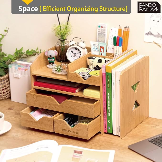 Pandorama Bamboo Desk Organizer Large - A4 Drawers & Adjustable File Holder, Fully Assembled Wood Desktop Storage for Kitchen, Bedroom, Bathroom, Study Room - Image 7
