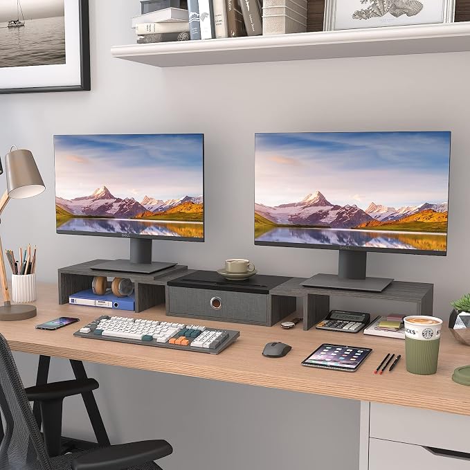 WESTREE Triple Dual Monitor Stand Riser with Drawer,Extra Large Adjustable for 2~3 Monitors,Solt for Phone & Tablet, Desktop Organizer Stand for Computer,Laptop,Printer,TV - Image 4