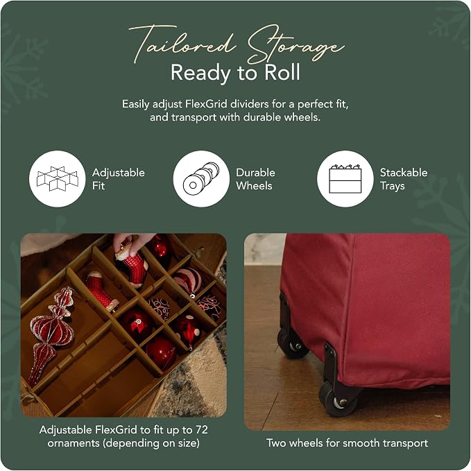 Covermates Keepsakes Rolling Adjustable Ornament Storage Bag – Heavy-Duty Polyester, FlexGrid Trays & Padded Dividers – Protective Holiday Organizer with Wheels, Handles & ID Window, Red - Image 5