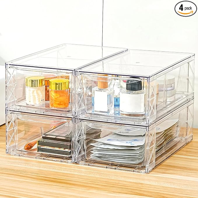 4 Pack Acrylic Storage Drawers, Clear Stackable Storage Drawers, Acrylic Organizers Drawers for Under Sink, Pantry, Bathroom, Makeup Organizers Cosmetic Display,Classroom Storage Organization, Medium by Unknown
