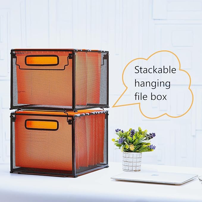 SETTFRFE 2 Pack File Organizer,Metal File Crates for Hanging Folders,Black | Mesh Letter Size Hanging Folder Organizer & Filing Crate with Handle,Stackable Rack for Office Supplies,Classroom & Home - Image 6