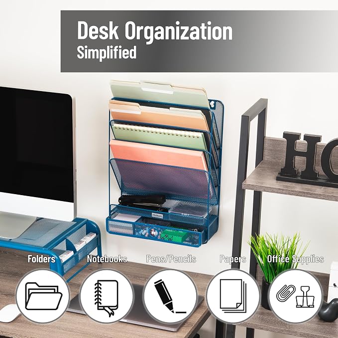 Mind Reader 4-Tier Vertical File Storage, Desktop Organizer, Wall Mount, Office, Metal Mesh, 12.5"L x 4"W x 16.5"H, Turquoise - Image 2