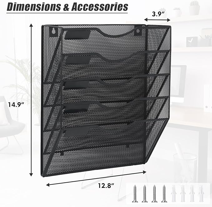 5 Pocket Mesh Hanging Wall File Organizer, Wall Mounted Mail Paper Document Folder Holder, Clipboard Storage Organization Magazine Rack with Nametag Label for Office Home School, Black - Image 2