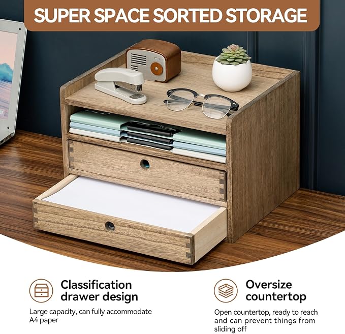 KIRIGEN Wooden Desk Organizer with 2 Drawers and Top Tray, Brown 3D2C-DBR | Three-Tier Desktop Storage Cabinet Stores Papers, Office Supplies, Cosmetics, Crafts, and Small Accessories for Home Office - Image 6