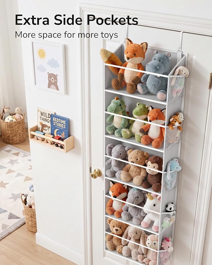 ULG Stuffed Animal Organizer Over the Door, Large Hanging Plush Toy Storage with Mesh Window, Cotton Kids Toy Organizer for Bedroom, Nursery, Playroom & Baby Items Clear Grey - Image 4
