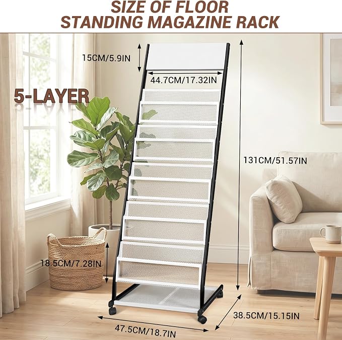 Floor Standing Magazine Rack 5 Layer with Wheels, Brochure Display Stand Large Newspaper Stand for Trade Show Exhibitions Office (Width 18.7 IN) - Image 2