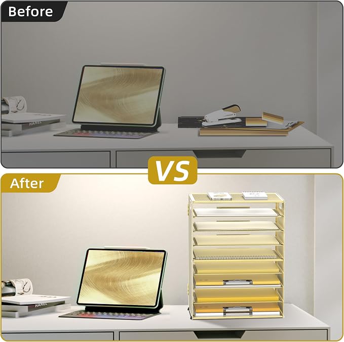 9-Tier Paper Organizer for Desk, Metal Mesh Letter Tray with Handles, Gold | Desk File Organizer with Removable Trays for Sorting Files, Folders, Mail and Printer Paper at Home, School or Office - Image 6