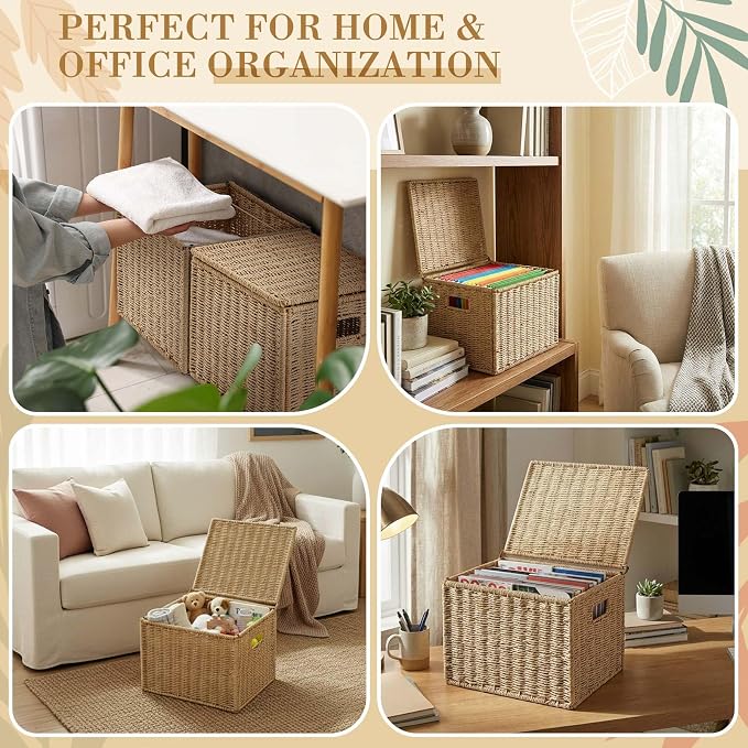 Jingmore Paper Rope File Box Organizer with 25 Hanging File Folders, Collapsible Letter Size Filing Storage Box with Lid, Handwoven Document Basket, Decorative Document Storage for Office & Home - Image 5
