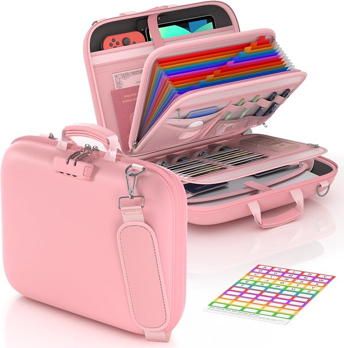 Nacial Fireproof Document Box with Lock & Shoulder Strap, Hard-Shell Fireproof File Organizer with 13 Pocket Accordion File Folder, Portable Safe Storage for Important Documents, Laptop, Pink by NacialPromise-Consumersfirstalways