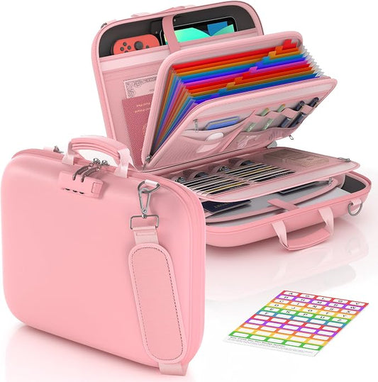 Nacial Fireproof Document Box with Lock & Shoulder Strap, Hard-Shell Fireproof File Organizer with 13 Pocket Accordion File Folder, Portable Safe Storage for Important Documents, Laptop, Pink by NacialPromise-Consumersfirstalways