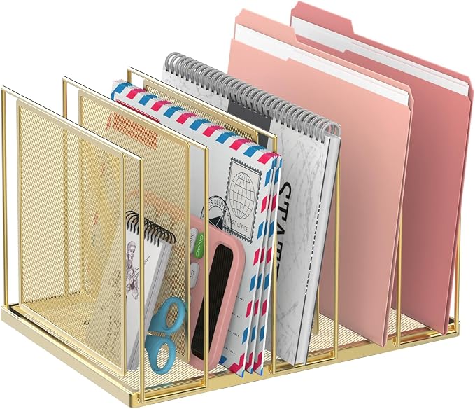 File Organizer for Desk, 5-Section Vertical File Sorter, Paper Holder Organizer Standing Metal File Folder for Office Home Classroom, Gold by JMHUD