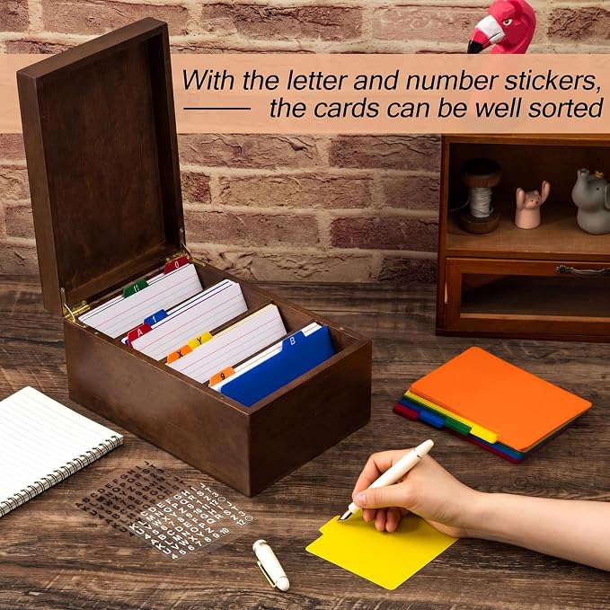 4 x 6 Inch Index Card Holder Set, Bamboo Index Cards Organizer, 50 Pcs Dividers 2 Sheets Alphabet Number Stickers File Note Holders for Office Business Classroom, Brown - Image 3