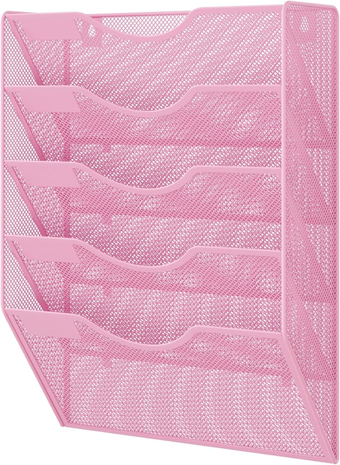 EasyPAG Wall File Organizer 5 Tier Hanging Paper Folder Holder, Zero Assembly Metal Mesh Wall Mounted Mail Organizer for Office Home Classroom Narrow Spaces, Pink - Image 7