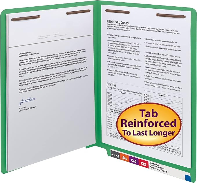 Smead End Tab Fastener File Folder, Shelf-Master® Reinforced Straight-Cut Tab, 2 Fasteners, Letter Size, Green, 50 per Box (25140) - Image 2