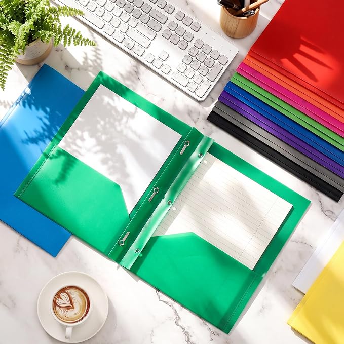 Cholemy 72 Packs Pocket Folders with Prongs Heavy Duty Plastic Folder with Business Card Slot 3 Prong Fasteners for School Office (Rainbow) - Image 5