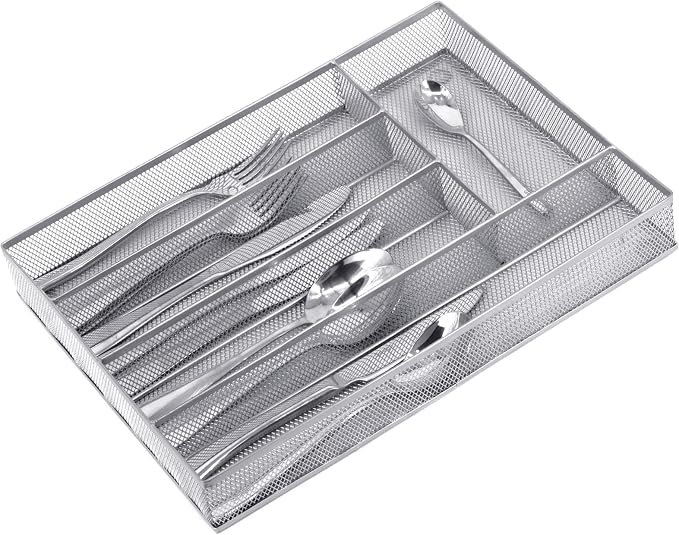Neudeco Silverware Drawer Organizer, Silver, 5 Compartment | Mesh Wire, Non-Slip Feet, Cutlery Tray, Flatware Storage Divider - Image 5