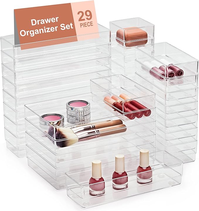 SMARTAKE 29 PCS Drawer Organizer, 4-Size Desk Bathroom Drawer Organizer | 4-Size Storage Tray with Non-Slip Silicone Pads for Makeup, Jewelries, Utensils in Bedroom Dresser, Office and Kitchen Clear by SMARTAKE