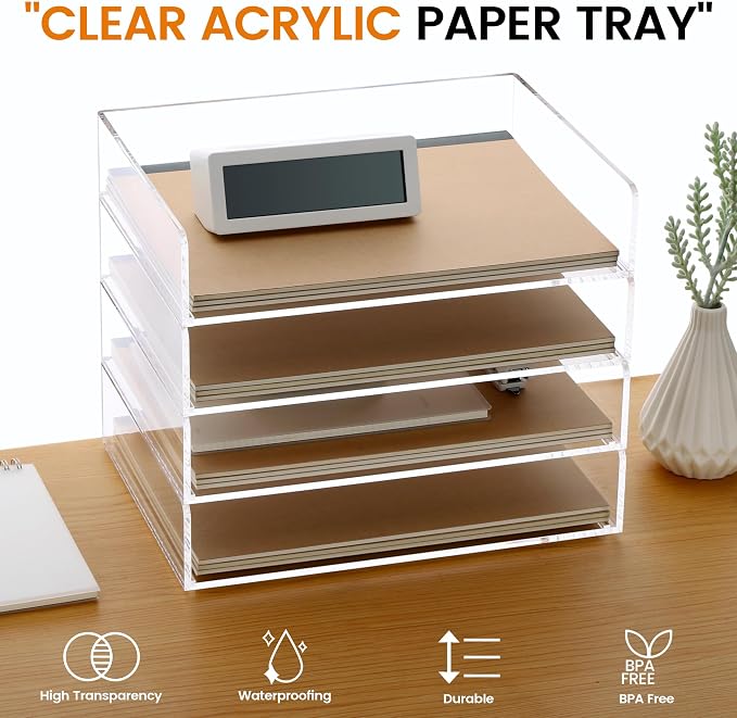 Acrylic Paper Tray, 4 Tier Paper Organizer for Desk, Clear Acrylic Desk Organizers, Stackable Letter Tray Workspace Organizer -Art Storage for School Classroom -4 Pack… - Image 2