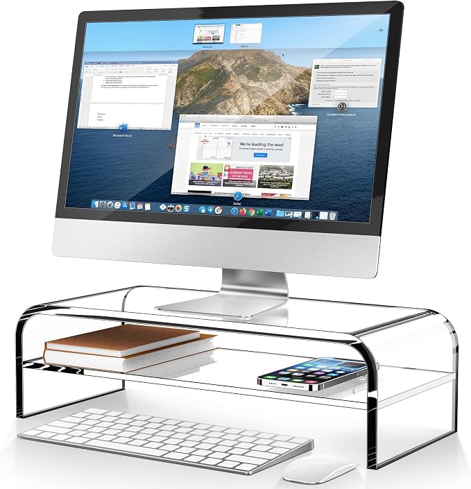 AboveTEK 2-Tier Acrylic Monitor Stand, Computer Riser for Home Office, Clear Monitor Riser for Keyboard Storage, 18.9" x 8.7" Multi Monitor Desk Stand for iMac Multi-Media Laptop Printer TV by AboveTEK