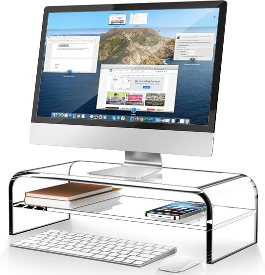 AboveTEK 2-Tier Acrylic Monitor Stand, Computer Riser for Home Office, Clear Monitor Riser for Keyboard Storage, 18.9" x 8.7" Multi Monitor Desk Stand for iMac Multi-Media Laptop Printer TV by AboveTEK