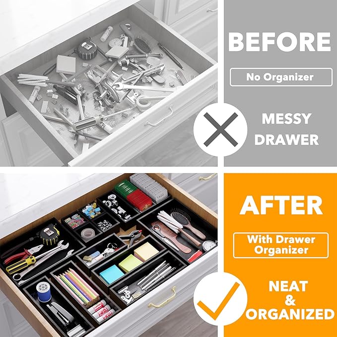 SpaceAid 14-Piece Bamboo Drawer Organizer Storage Boxes Set, Wood Tray Junk Drawer Organizers Multi-Use Divider Bins for Kitchen, Bathroom, Office Desk and Makeup Organization (14 Pack, Black) - Image 2