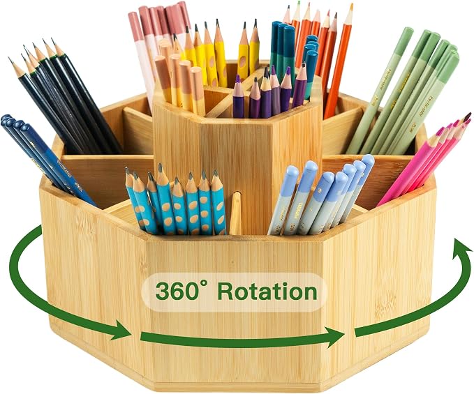 VaeFae 360° Rotating Bamboo Pen Holder Desk Art Supply Organizer | 9-12 Slots, Removable Divider, Octagonal Frame, Polished Surface, Space-Saving for Pens, Markers, Brushes & Beauty Supplies by VaeFaeDirect